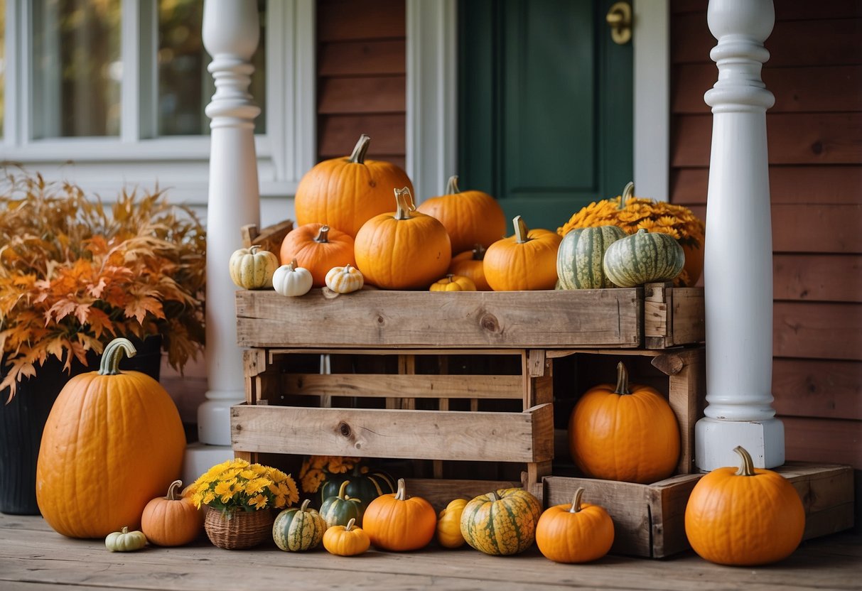 A rustic wooden apple crate display filled with pumpkins, gourds, and fall foliage arranged on a front porch