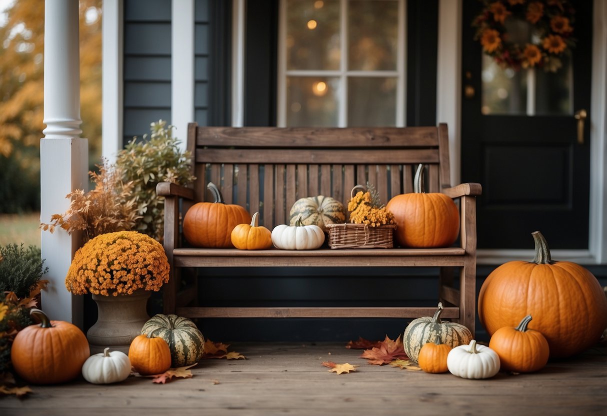 A rustic wooden bench sits on a front porch adorned with fall decorations. Fallen leaves, pumpkins, and seasonal foliage create a cozy and inviting atmosphere
