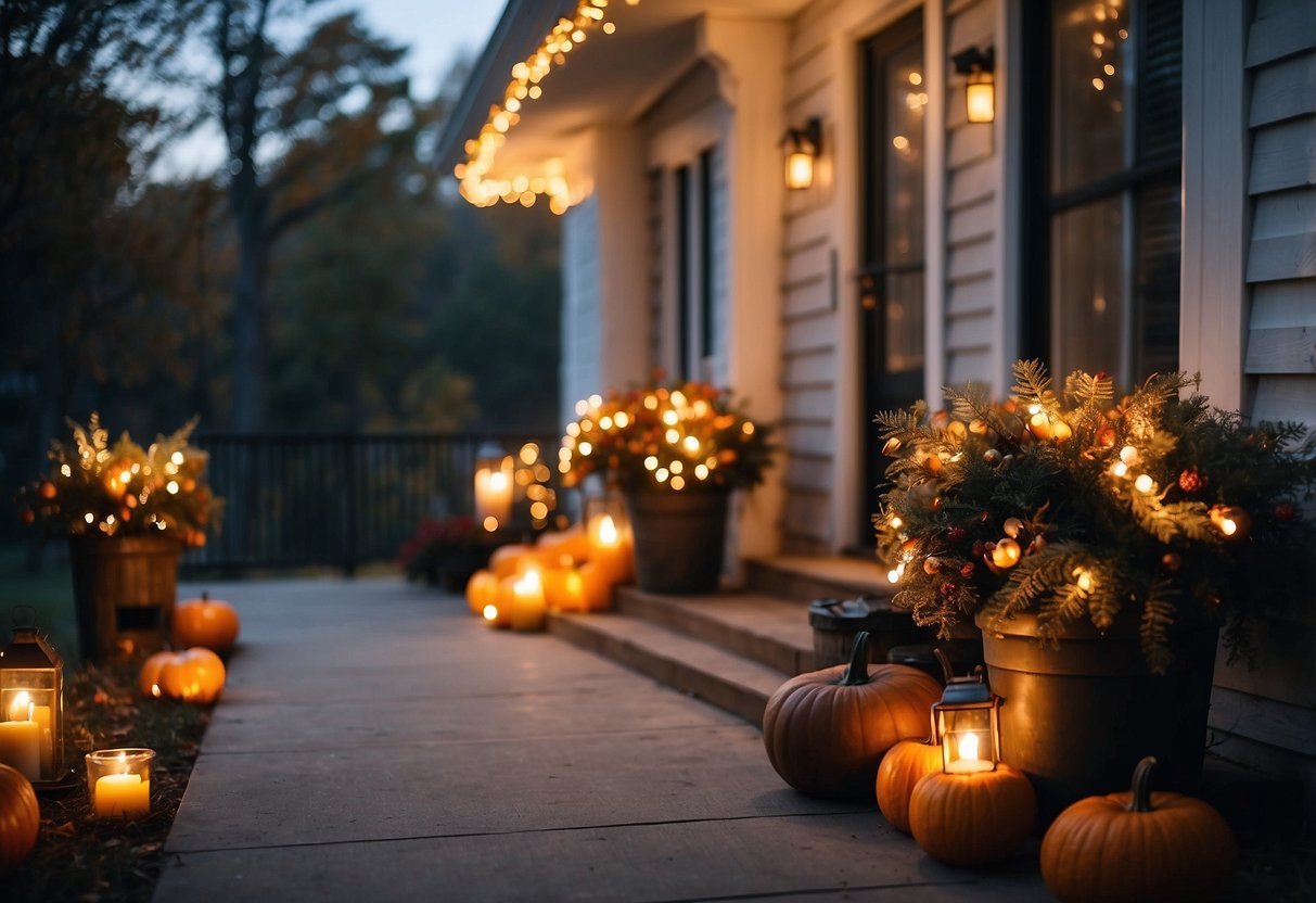 A front porch adorned with twinkling fairy lights and fall decor