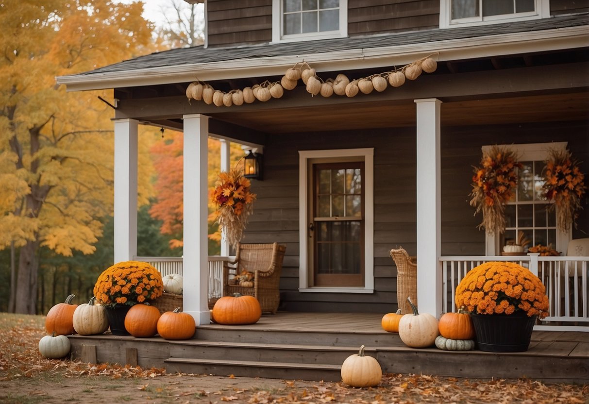 A burlap banner hangs on a rustic front porch, surrounded by pumpkins, hay bales, and autumn foliage