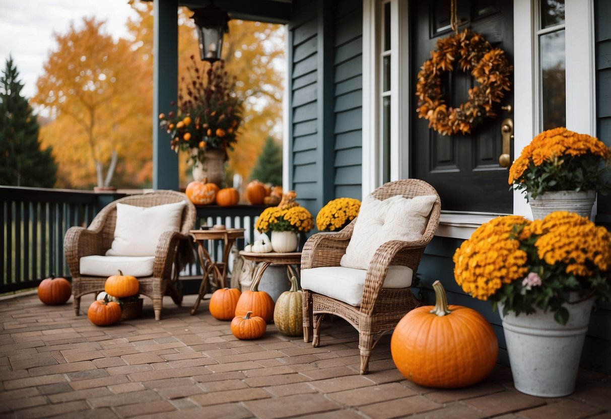 A front porch with cozy seating, adorned with fall decor like pumpkins, wreaths, and warm blankets. A rustic table with mugs of hot drinks completes the inviting scene