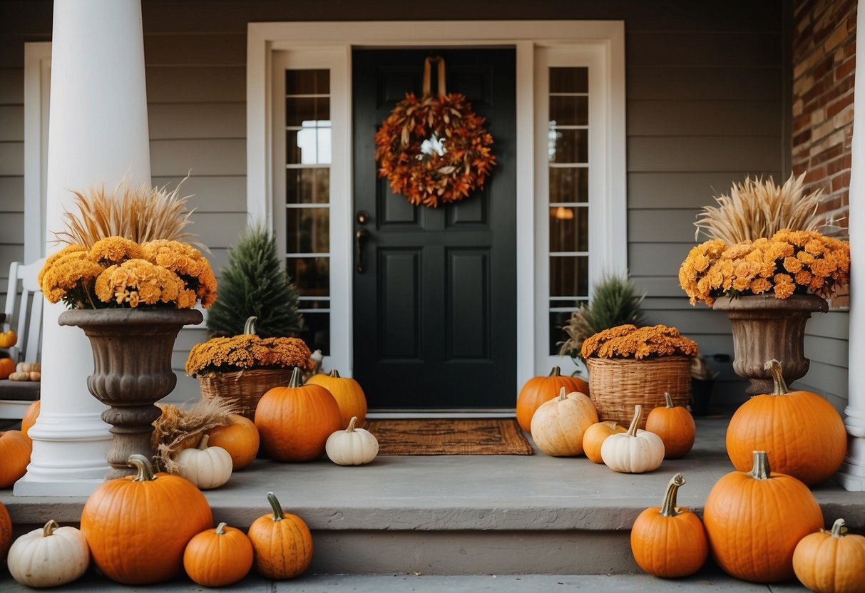 A cozy front porch adorned with autumnal hues: pumpkins, cornstalks, and rustic wreaths. Warm tones of orange, red, and gold create a welcoming seasonal display