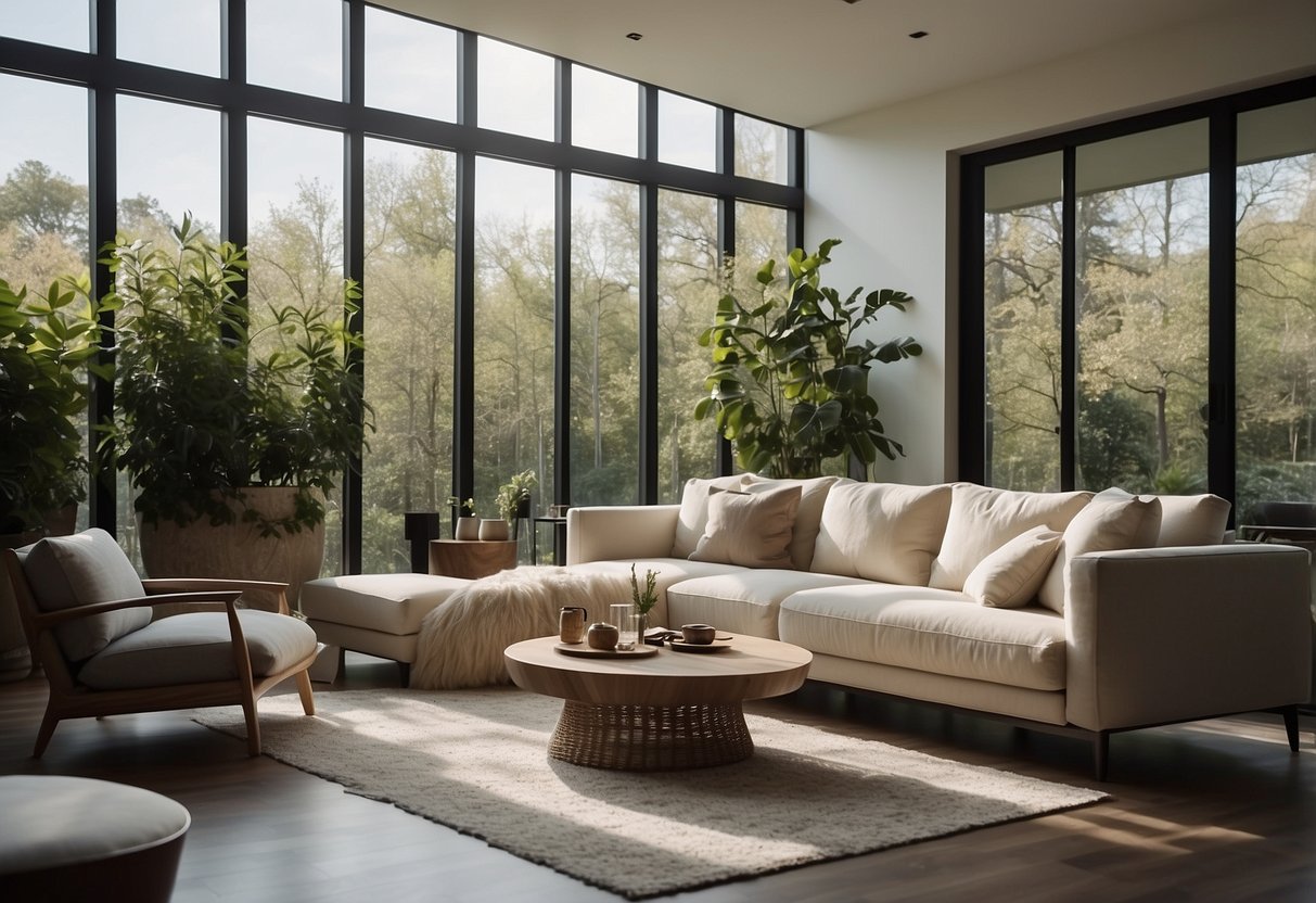 A living room with a retractable sofa as the focal point, surrounded by modern decor and ample natural light