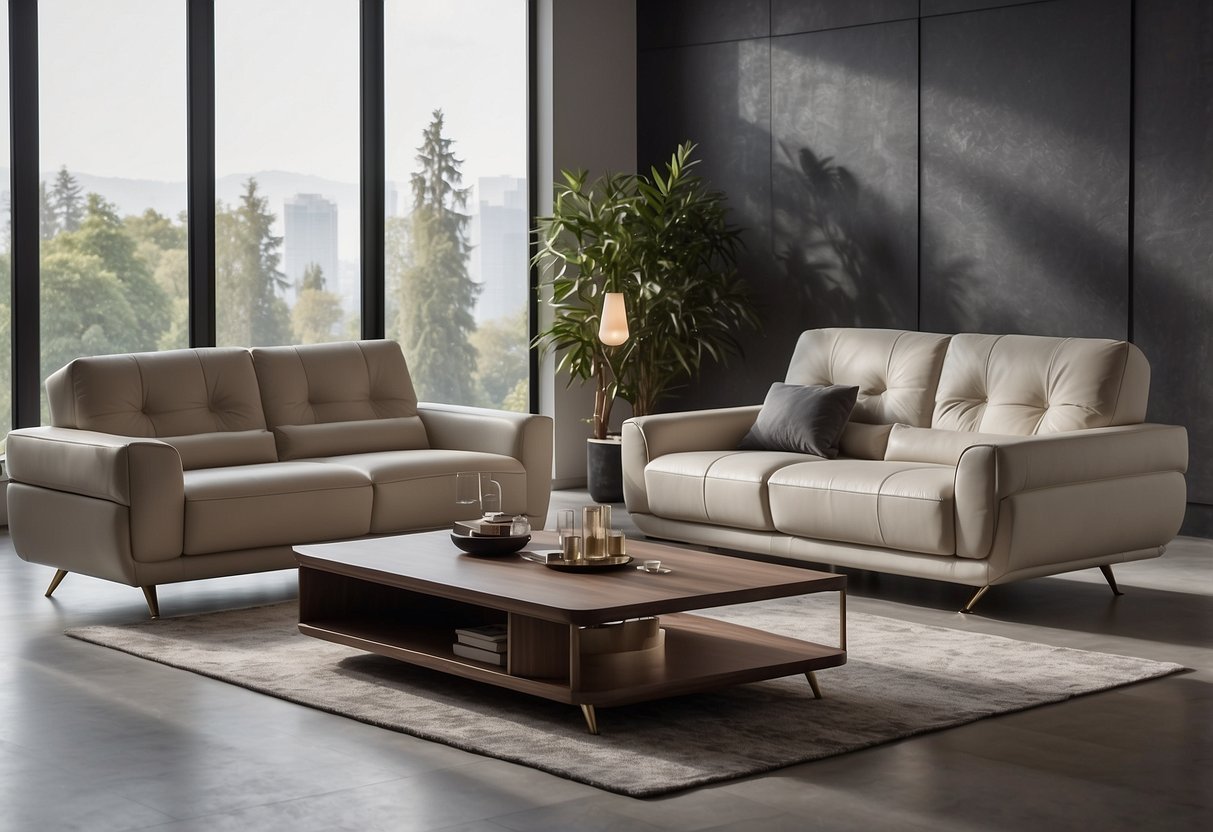 A modern living room with a sleek, high-quality reclining sofa as the focal point. Clean lines, luxurious fabric, and adjustable headrests