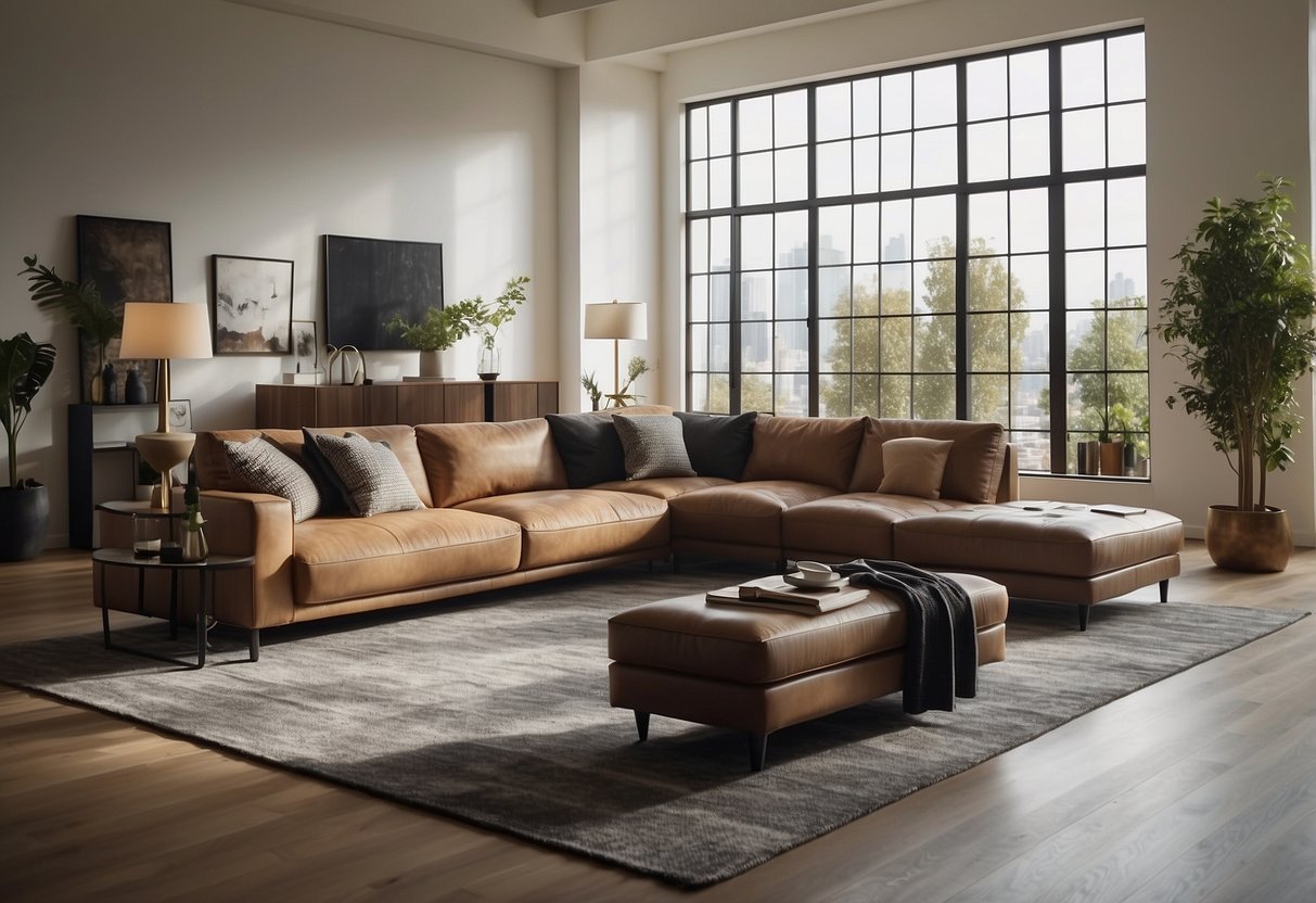 A spacious living room with a high-quality reclining sofa as the focal point. The room is well-lit with natural light and features modern decor