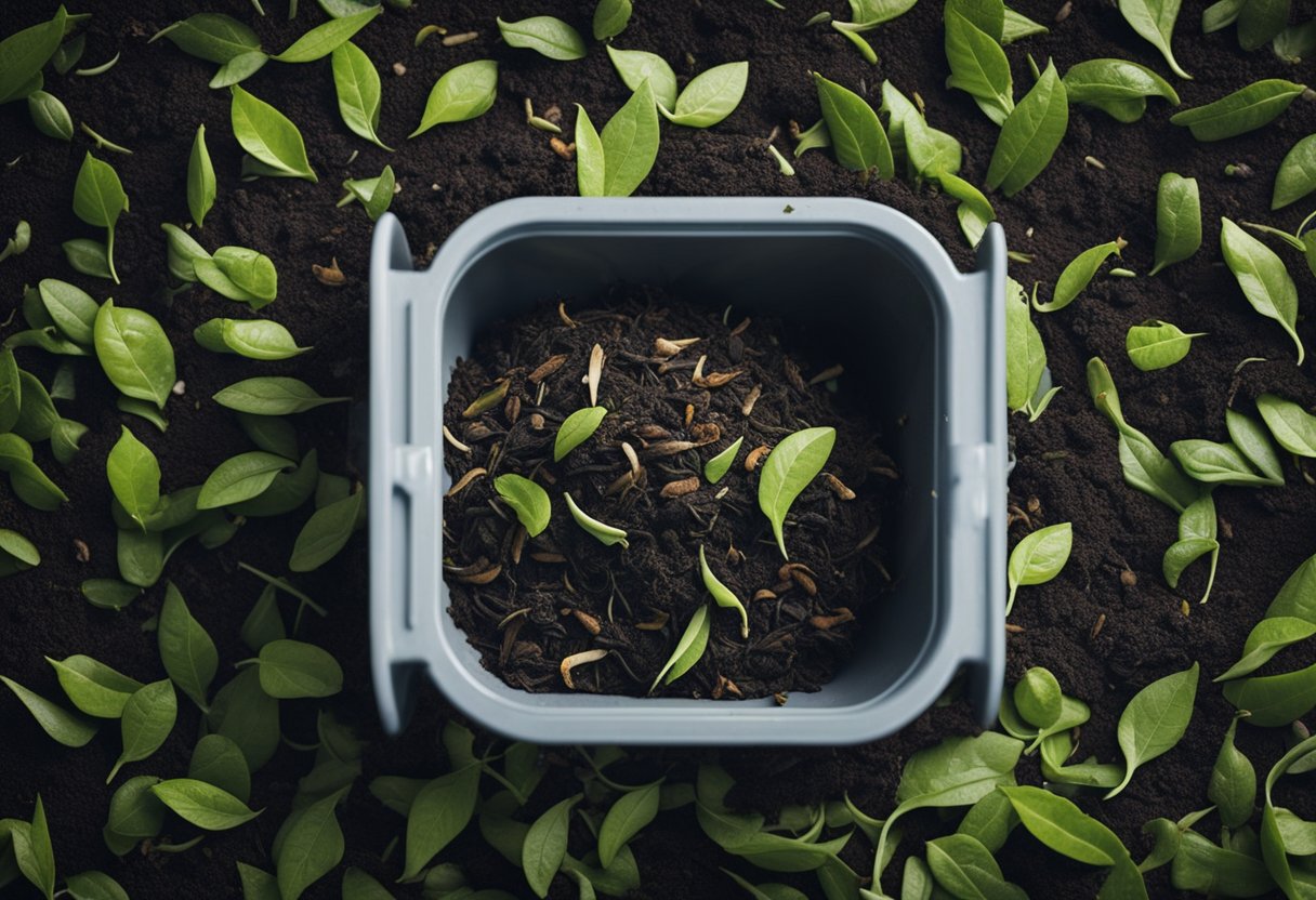 Tea leaves and compost mix in a bin. Steam rises as the mixture decomposes, releasing nutrients into the soil