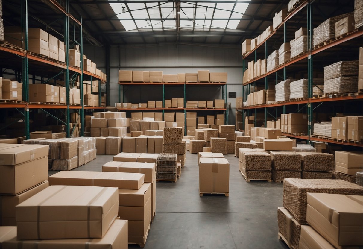 A warehouse filled with stacks of rattan furniture, shelves lined with woven chairs and tables, and workers packaging items for shipment