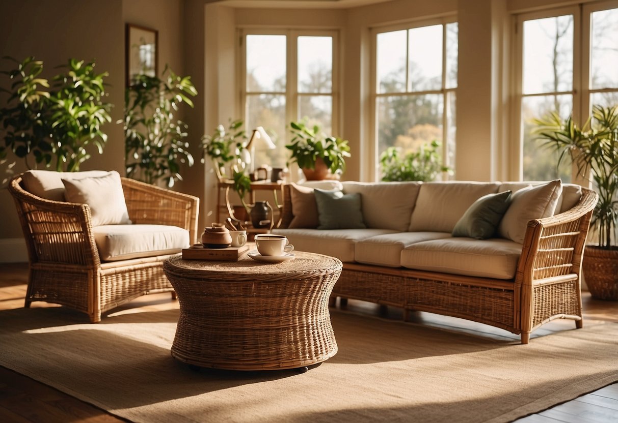 A cozy living room with rattan furniture, including a sofa, coffee table, and armchair. Sunlight streams in through the window, casting a warm glow on the natural, earthy tones of the furniture