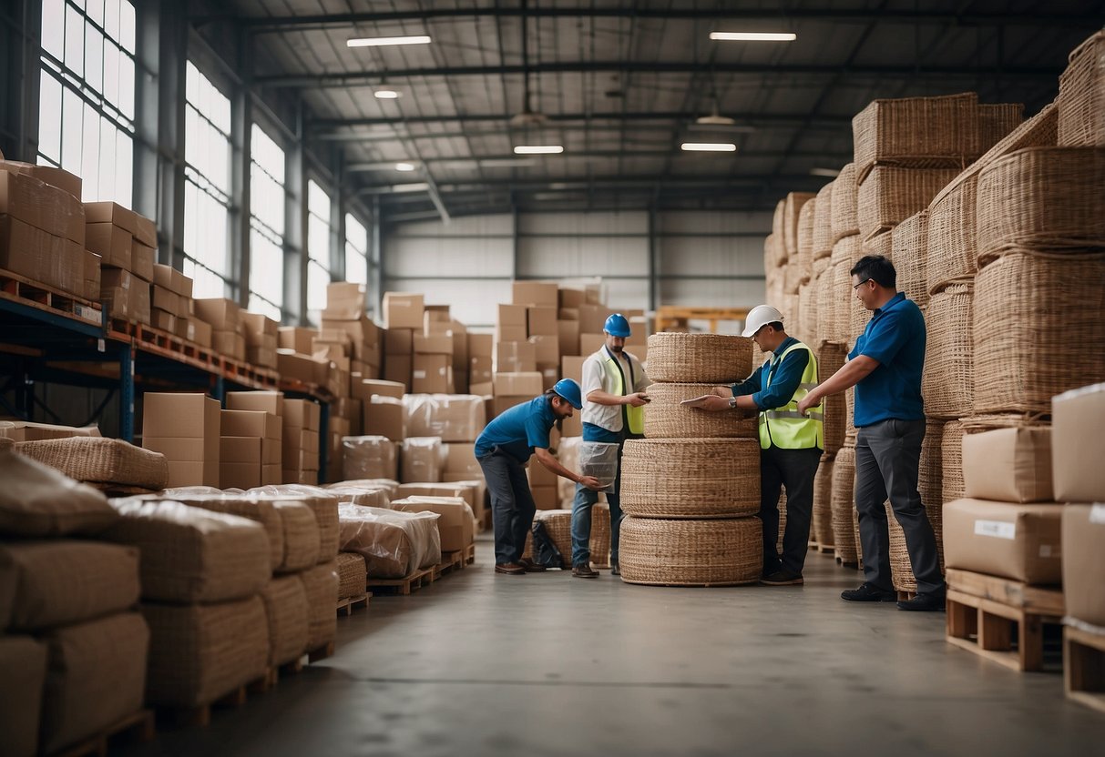 A warehouse filled with neatly stacked rattan furniture, with workers inspecting and packaging items for shipment