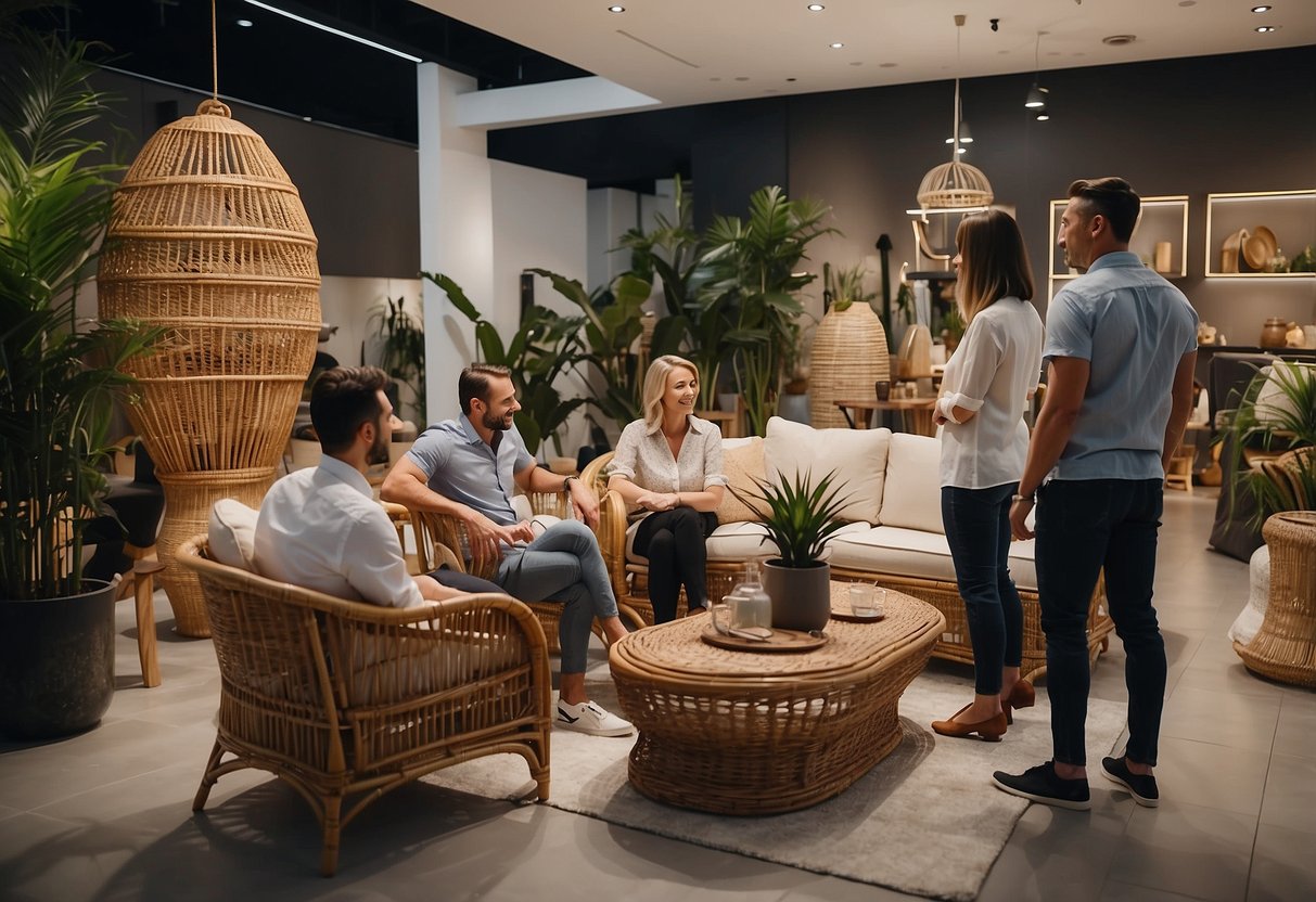 A group of people visiting a showroom, surrounded by various rattan furniture pieces. A supplier answering questions about the products