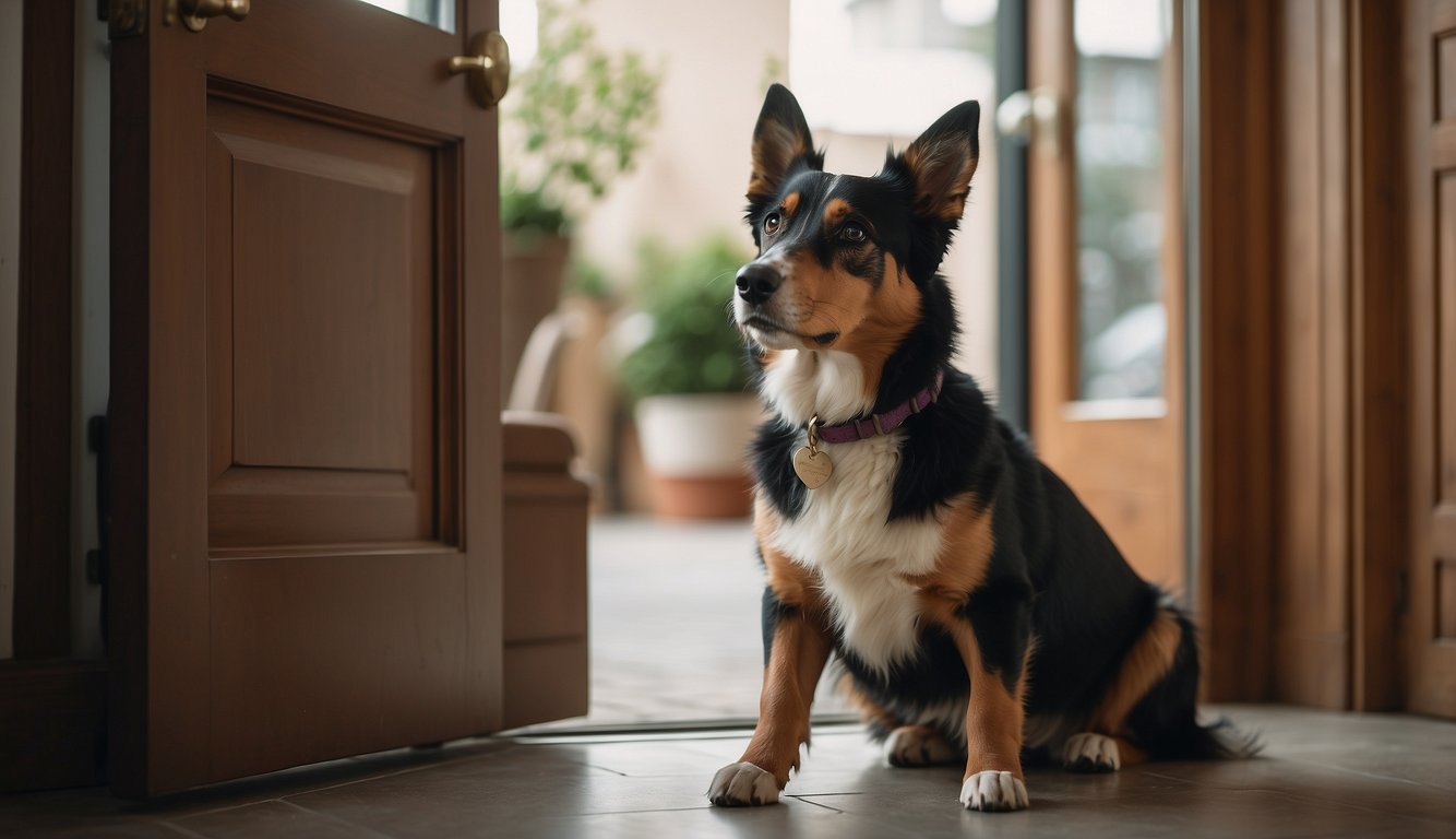 A dog sitting by the door, tail wagging and ears perked up, gazing at its owner with adoring eyes. A relaxed posture and occasional nuzzles indicate a deep bond and loyalty
