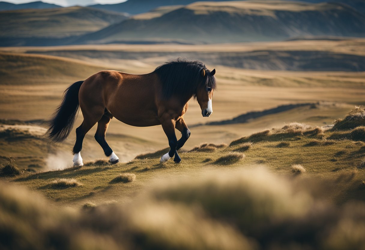 A sturdy Icelandic horse tölting across a rugged landscape