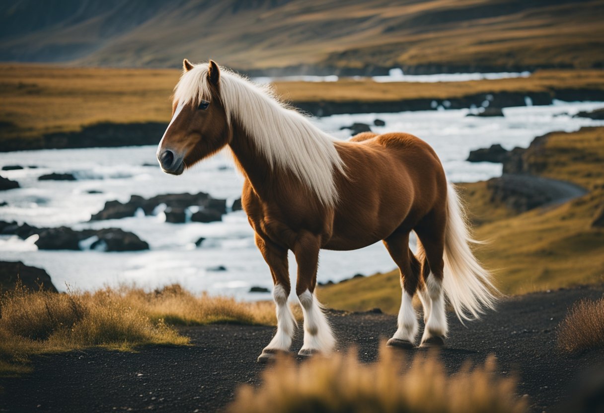 A majestic Icelandic horse showcasing its unique tölting gait in a dramatic landscape of rugged terrain and flowing rivers