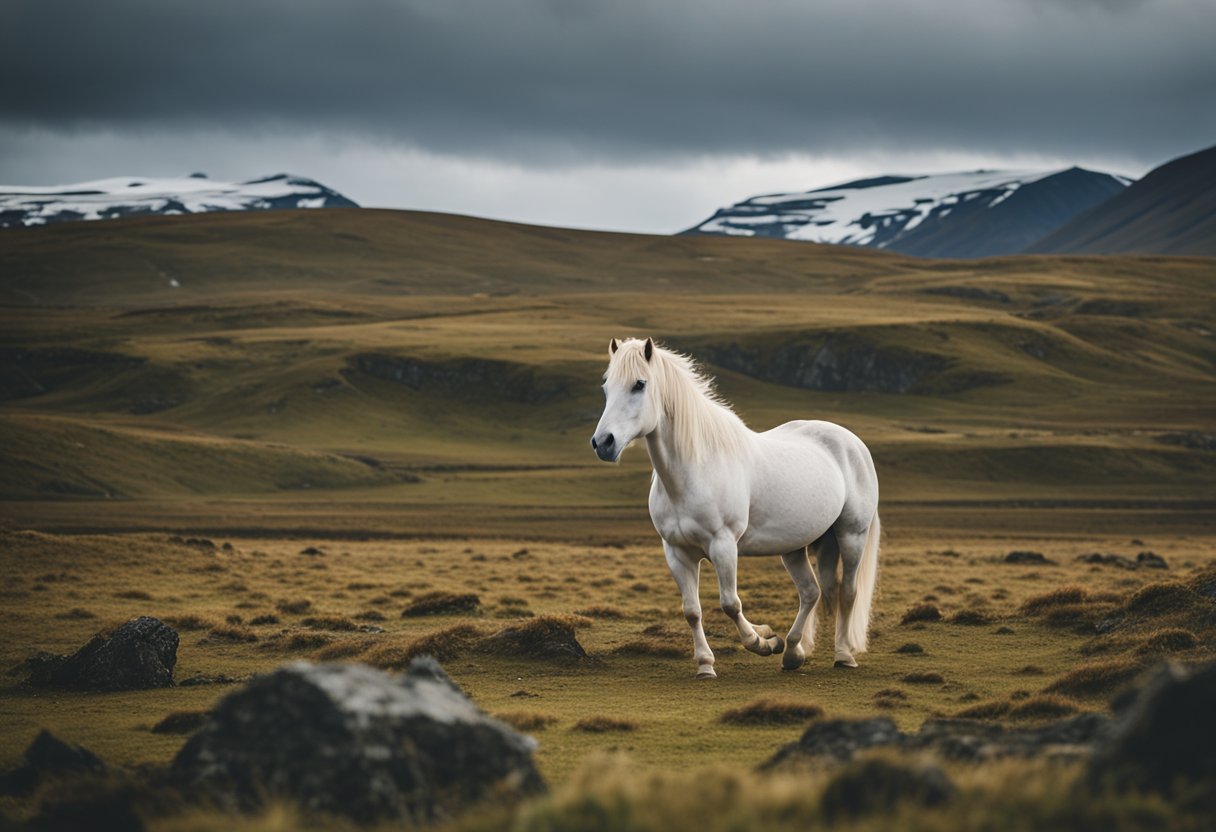 A majestic Icelandic horse effortlessly glides across a rugged landscape, showcasing the smooth and unique gait known as the "tölt."