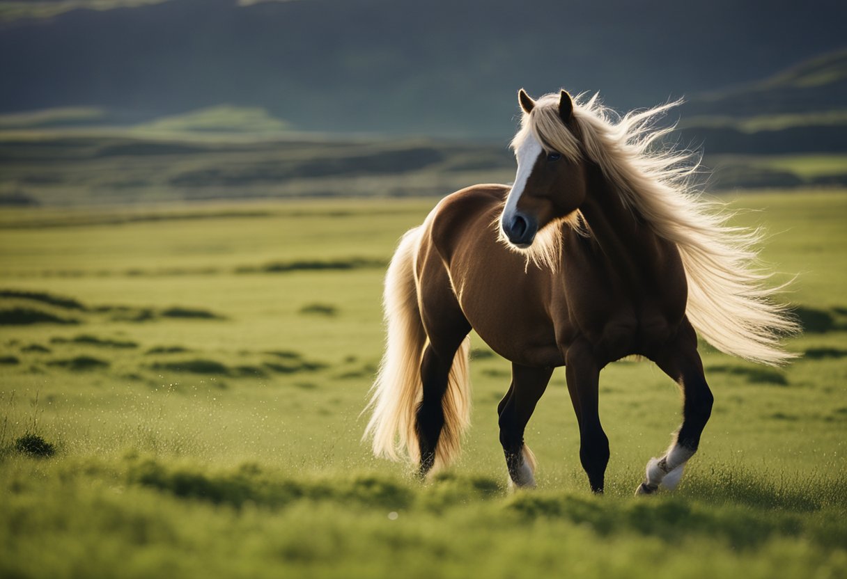 An Icelandic horse gracefully tölting across a lush green field, mane and tail flowing in the wind, with a determined and powerful expression