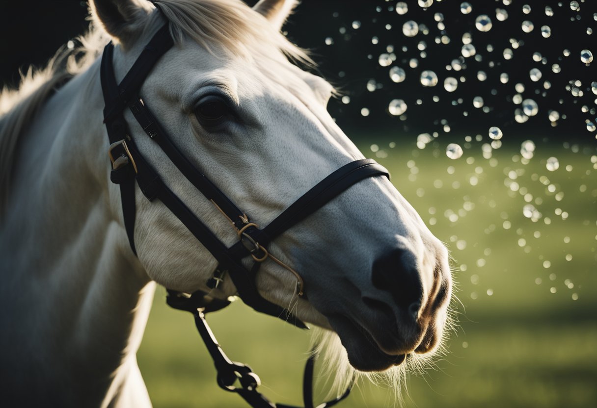 A horse sneezes, spraying droplets in the air