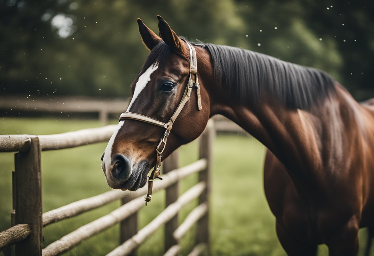 A horse being sprayed with insect repellent in a barn