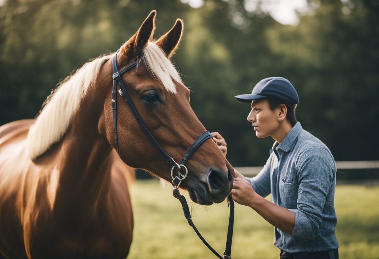 A person sprays insect control fly spray on a horse while grooming