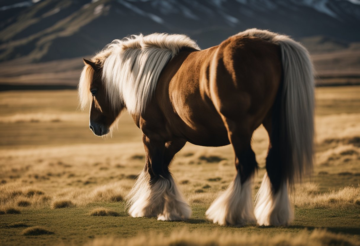 A majestic Icelandic horse with a lush, flowing mane and tail stands proudly in a field, its powerful hooves firmly planted on the ground