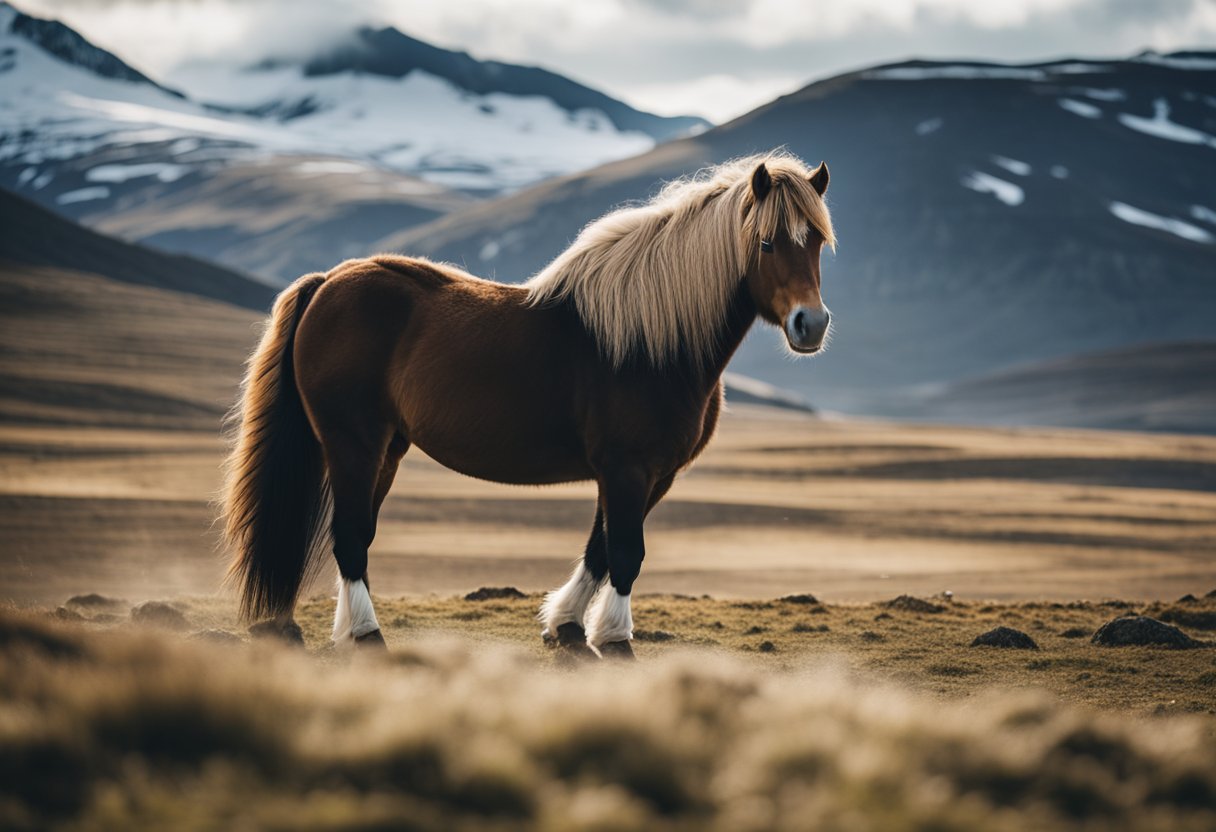 A majestic Icelandic horse stands proudly in a rugged, windswept landscape, with snow-capped mountains in the distance. Its thick mane and tail flow in the wind, exuding strength and resilience