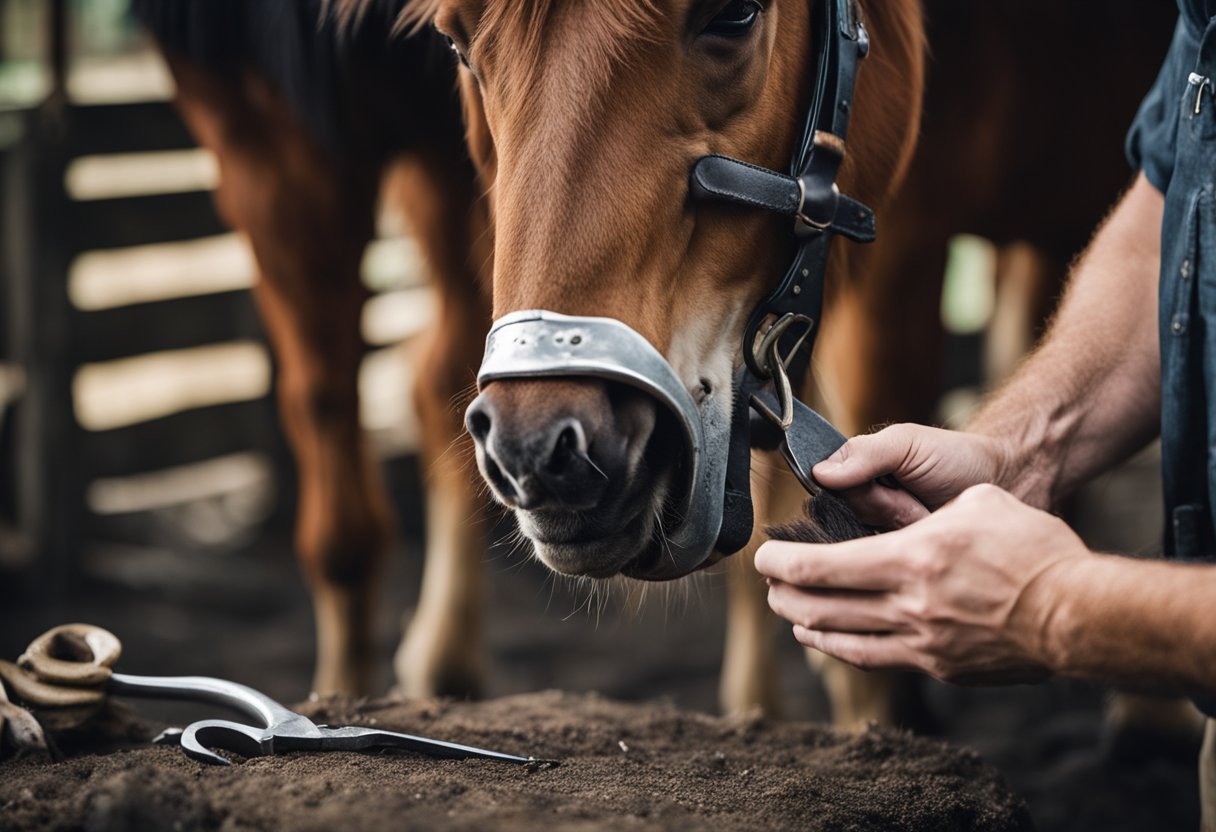 A farrier trims and registers a forlorn Icelandic horse's hoof