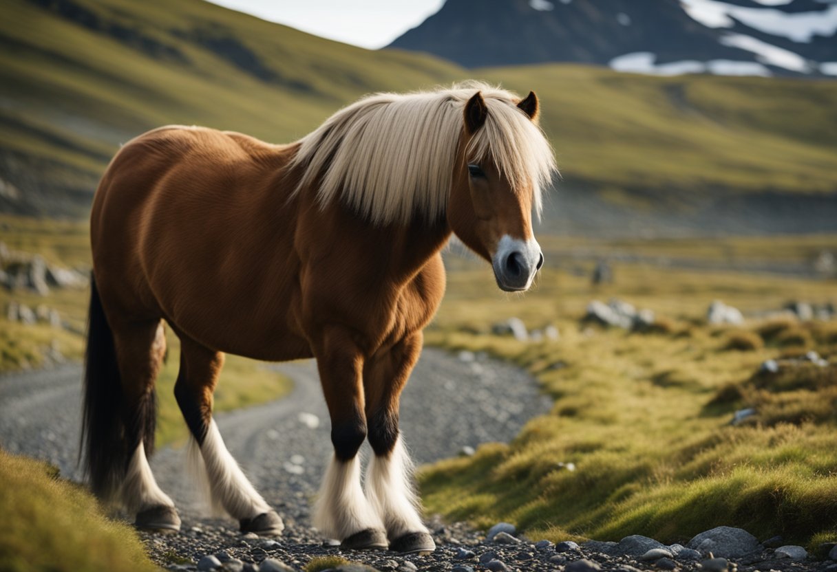 An Icelandic horse limps on a rocky path, showing signs of laminitis. Its hooves are tender, and it struggles to walk