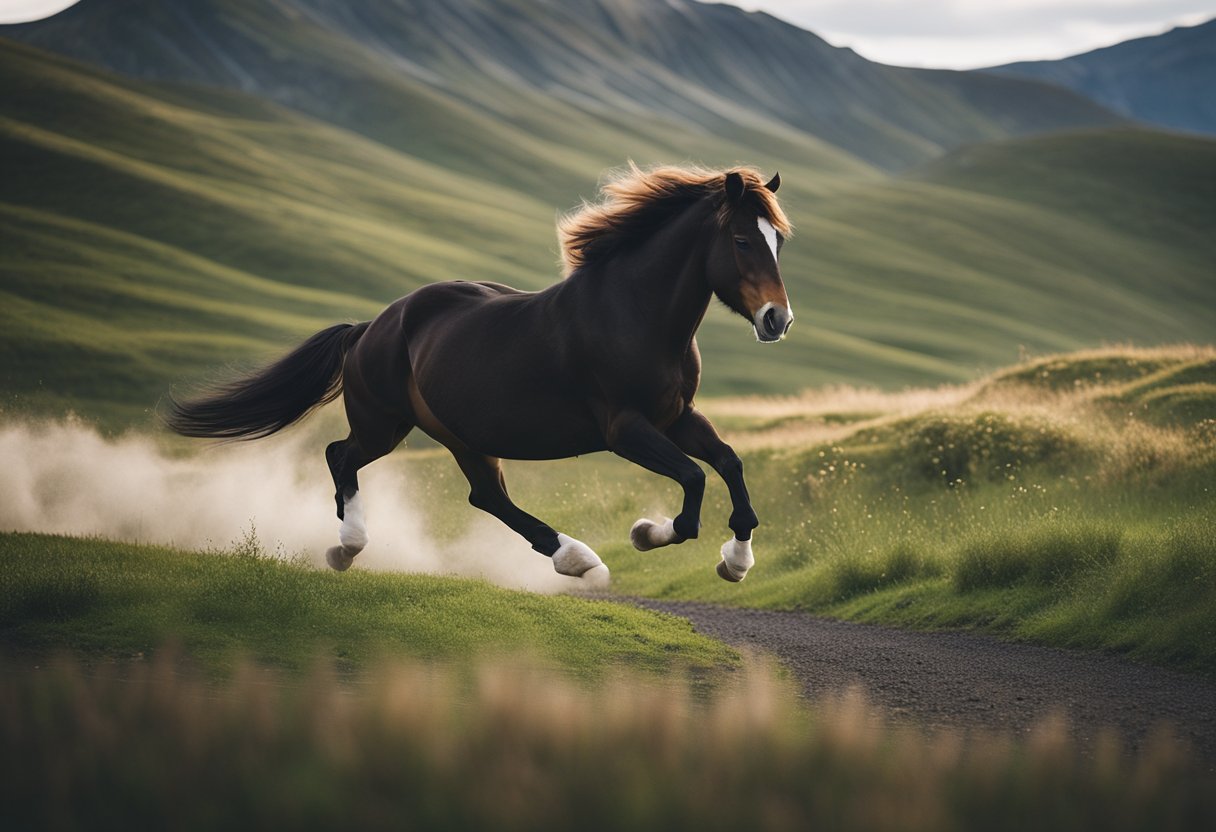 An Icelandic horse galloping in a scenic outdoor setting, with mountains in the background and lush greenery surrounding the animal