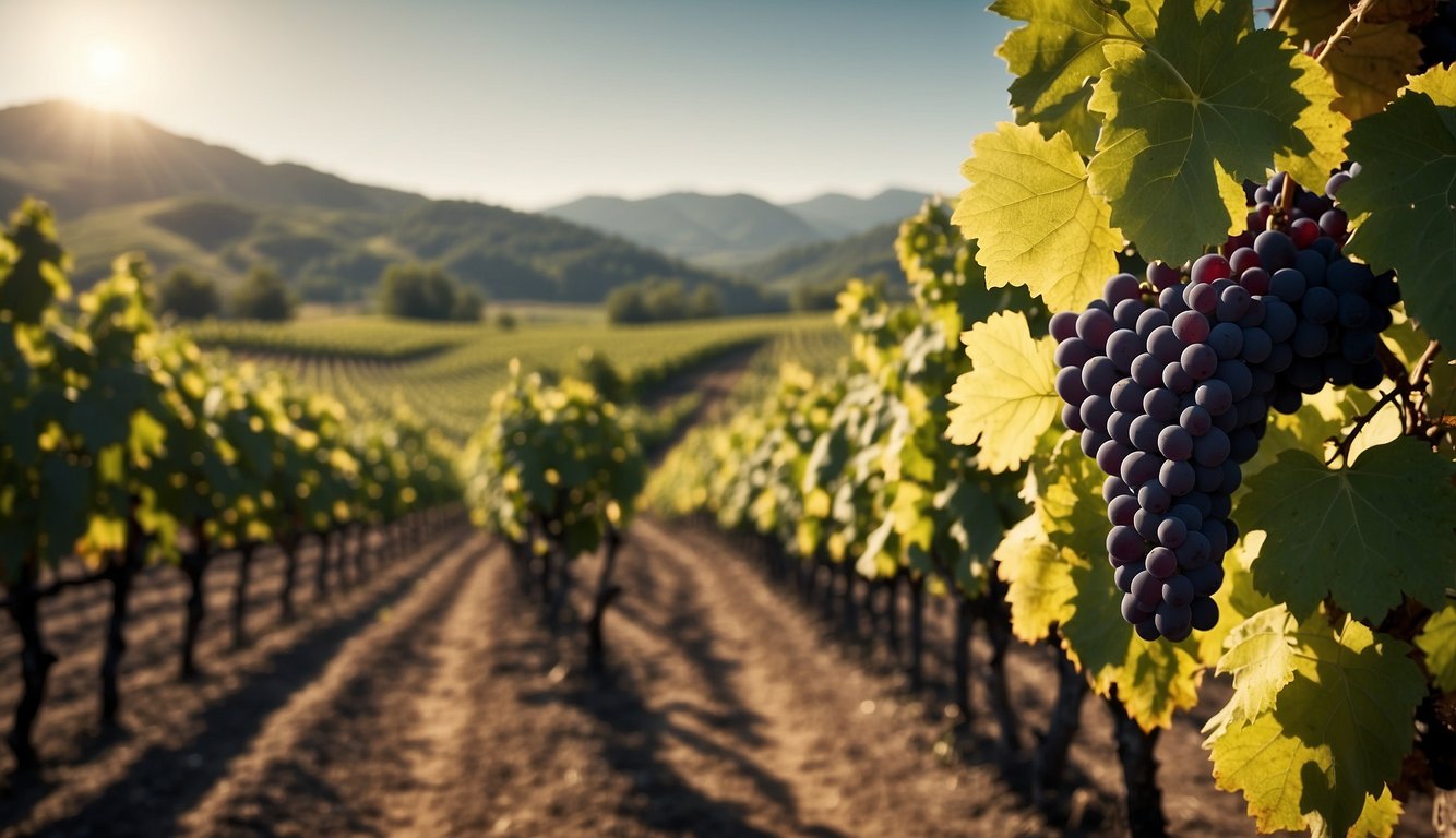 Vineyard landscape with changing weather patterns affecting grape growth and wine production. Research labs and modern equipment enhancing winemaking processes