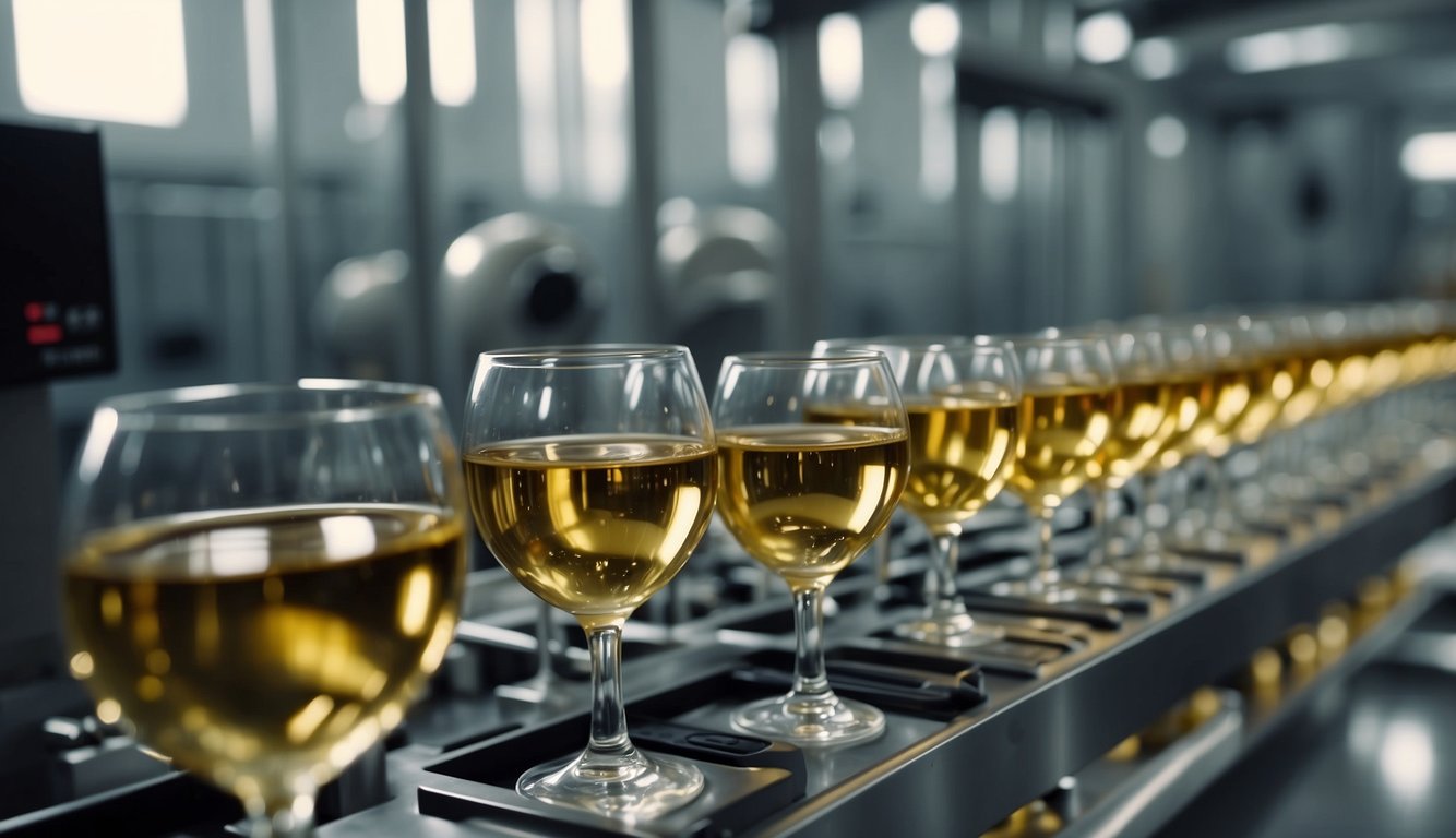 A modern winery with state-of-the-art equipment and laboratories. Scientists conducting research on fermentation and quality control. Meticulous attention to detail in every step of the winemaking process