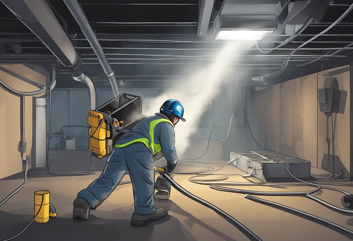 A technician carefully removes dust and debris from a large air duct in a dimly lit basement, using specialized tools and equipment