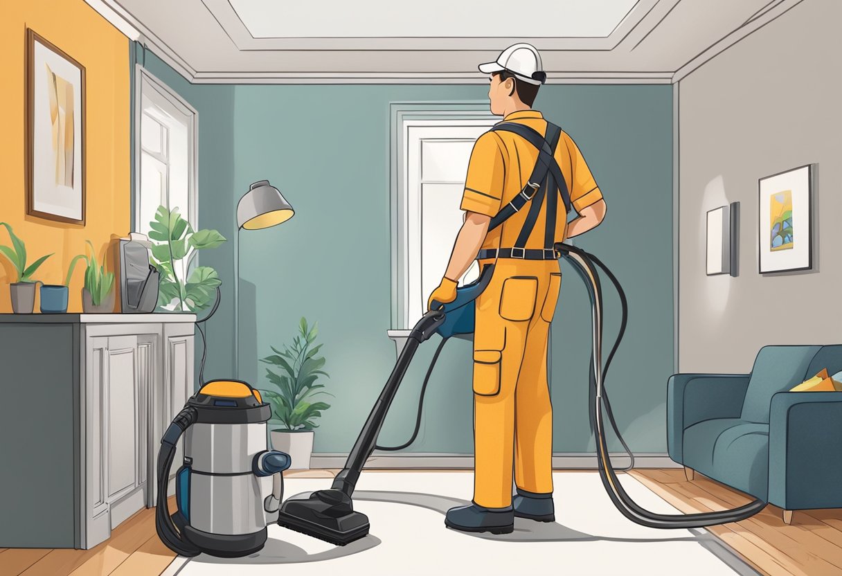 A technician in uniform cleans a dusty air duct with a powerful vacuum and specialized tools in a well-lit home