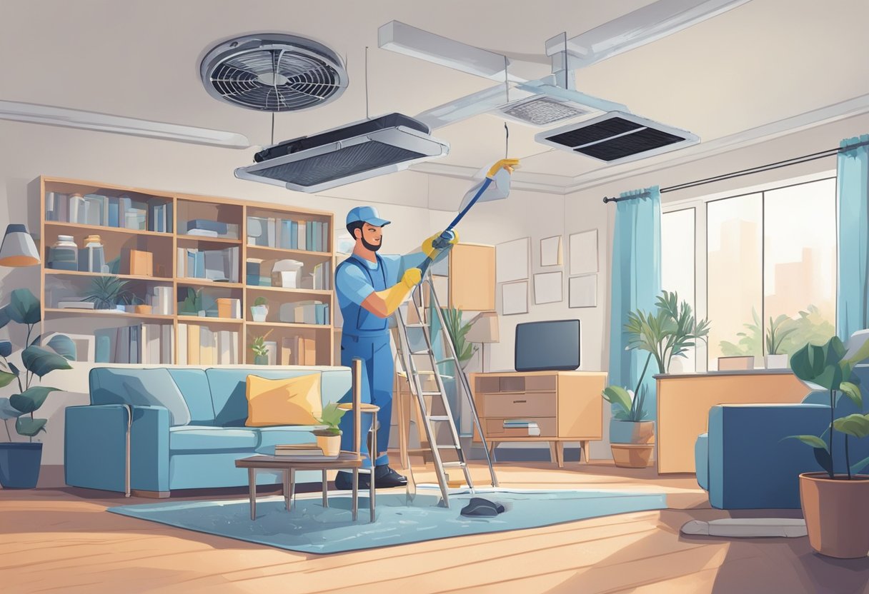 A technician in a uniform uses specialized equipment to clean air ducts in a well-lit, clutter-free home. Furniture is moved to access vents