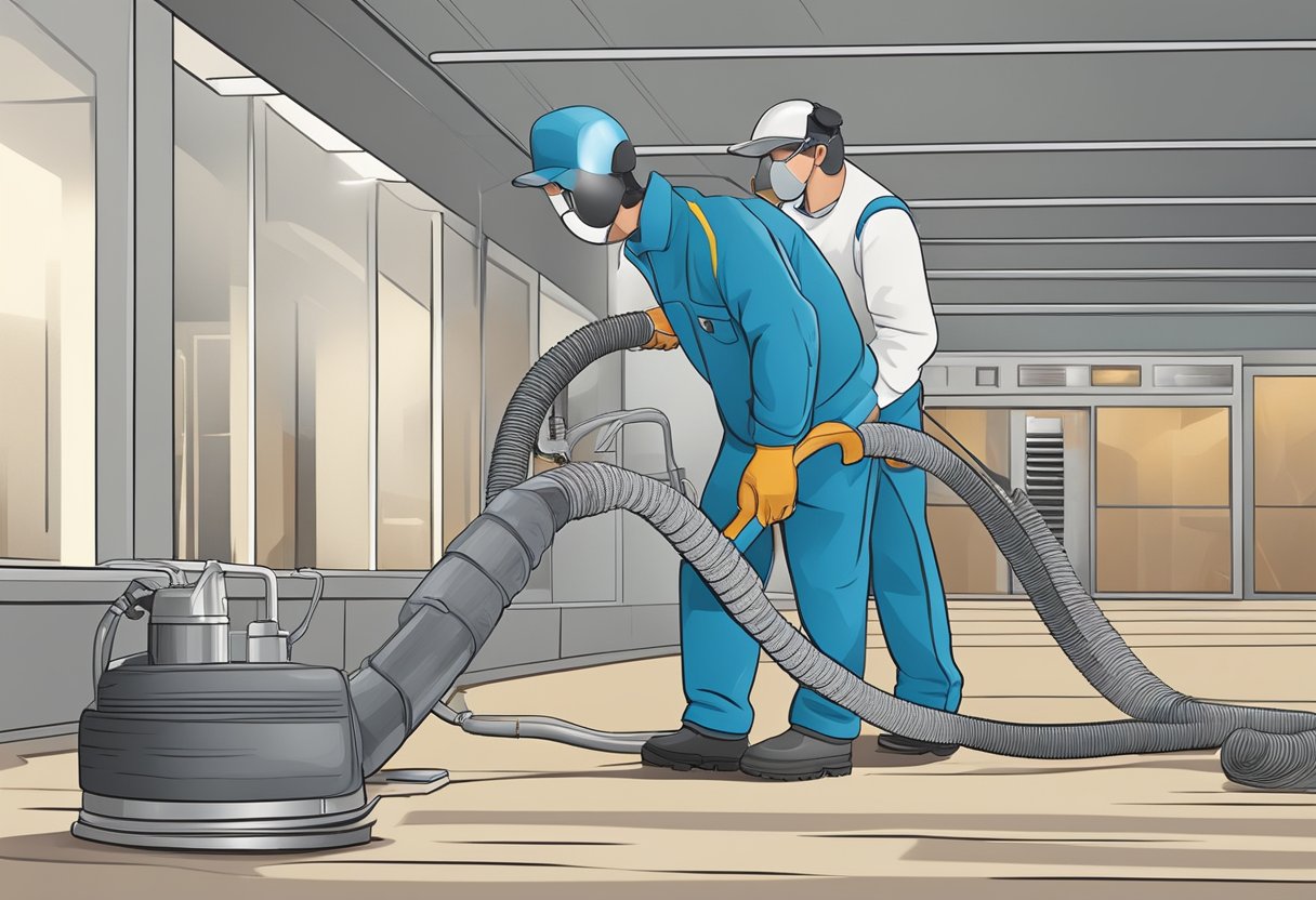 An air duct cleaning scene: A technician using a high-powered vacuum and scrubbing tools to clean dust and debris from a large air duct in a commercial building