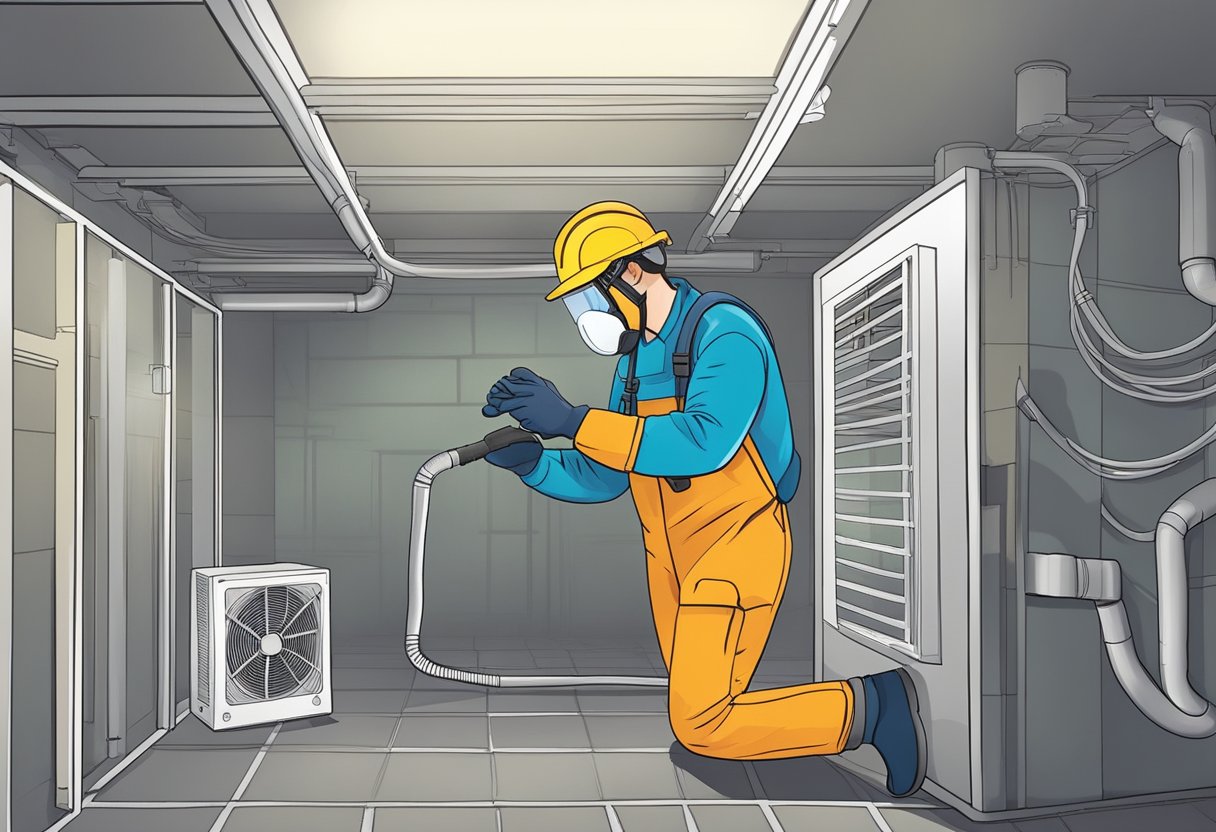 A technician in protective gear cleans air ducts in a residential basement, following environmental and regulatory guidelines