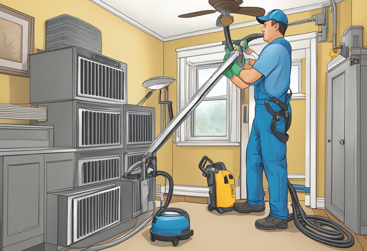 A technician uses specialized equipment to clean air ducts in a Knoxville home, while following a comprehensive guide