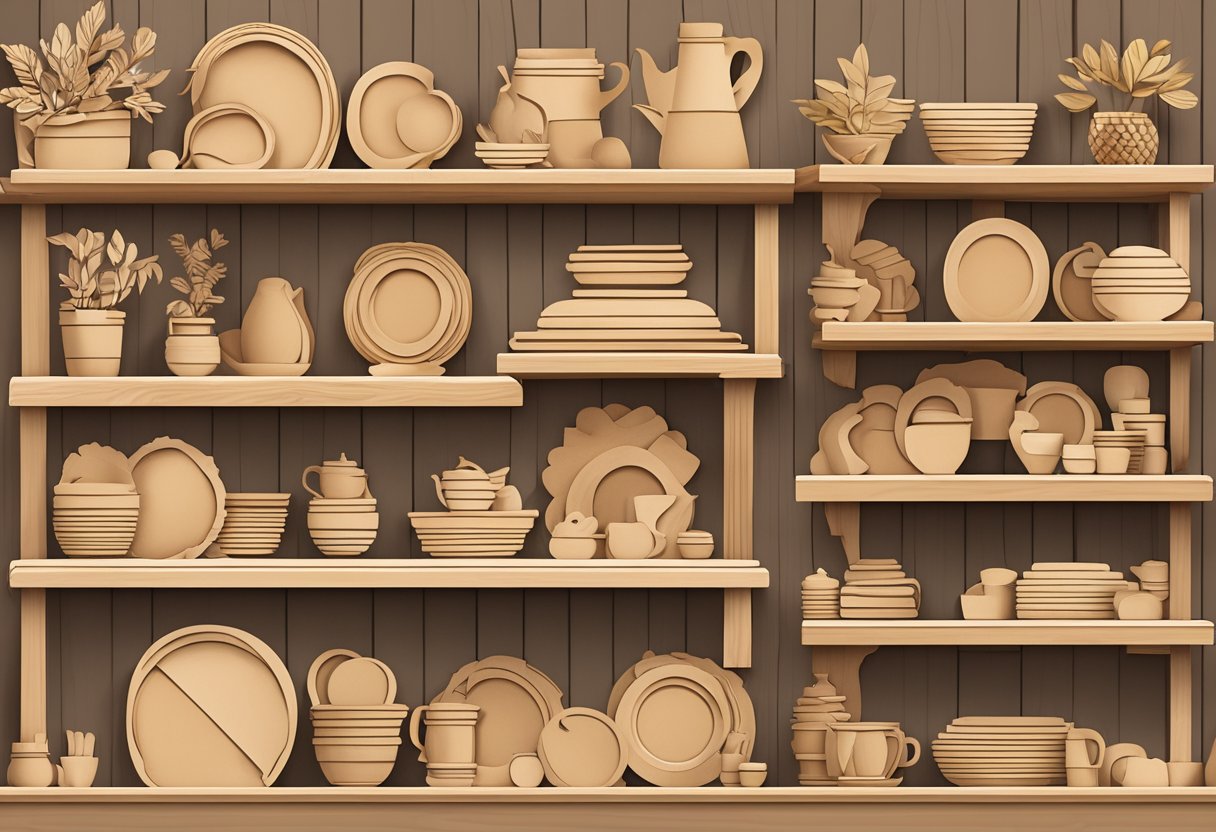 A display of unfinished wood cutouts, various shapes and sizes, arranged on shelves in a craft store