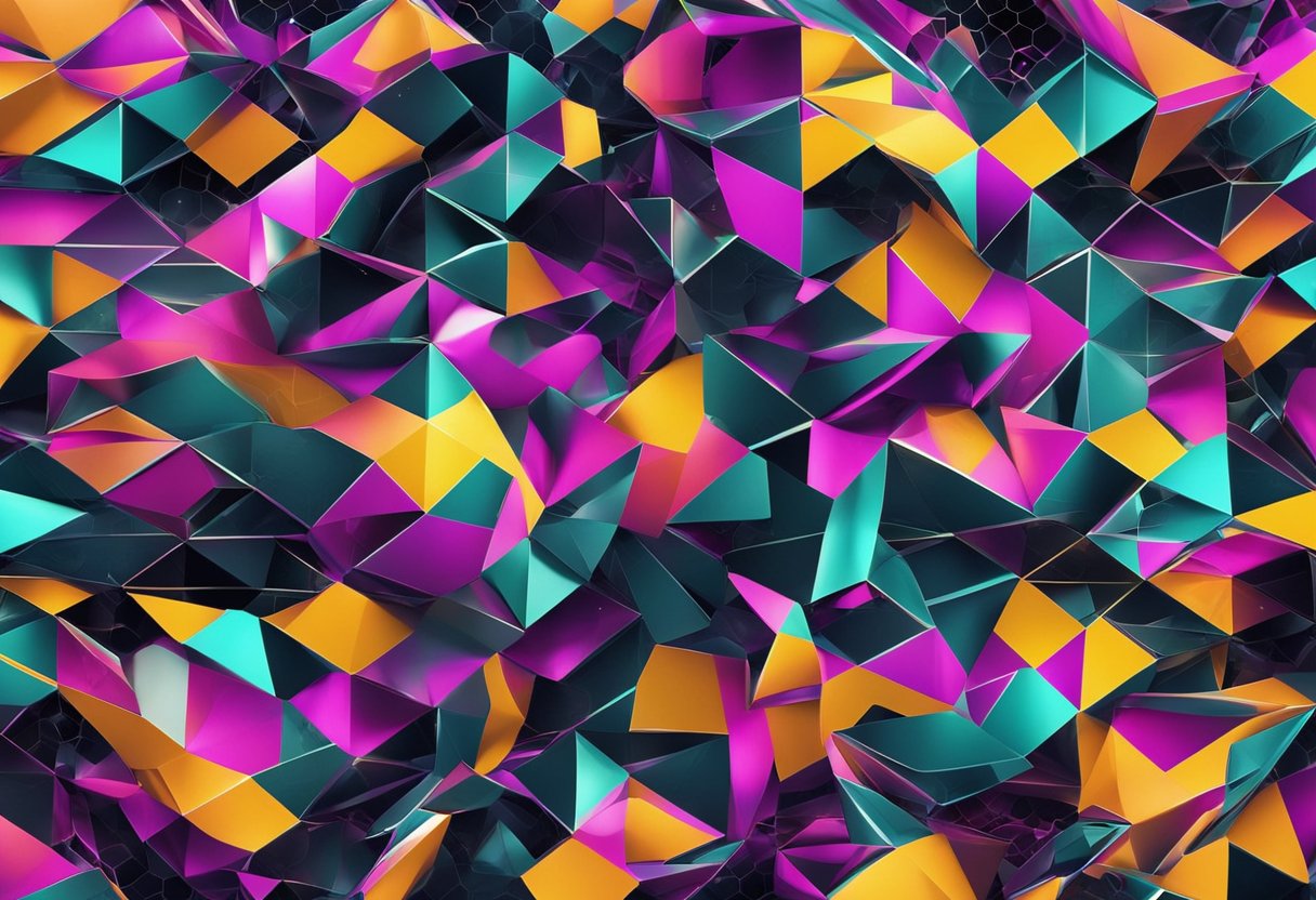 Vibrant abstract shapes and bold geometric patterns fill the canvas, with a mix of metallic and neon colors. The design features a futuristic, tech-inspired theme, with elements of digital art and 3D effects