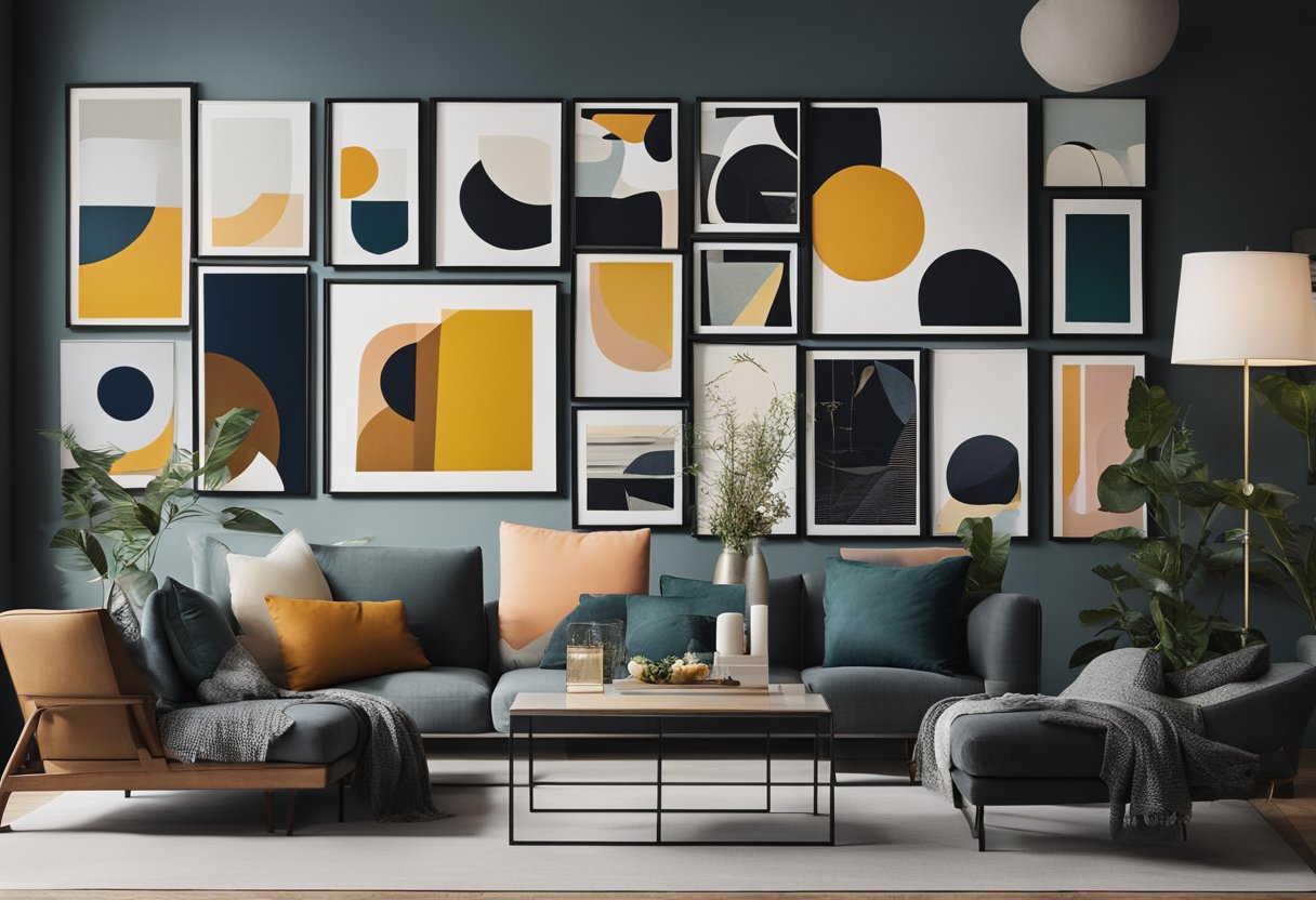 A gallery wall displays large canvas prints of abstract, minimalist, and nature-inspired art. Bold colors and geometric shapes dominate the collection