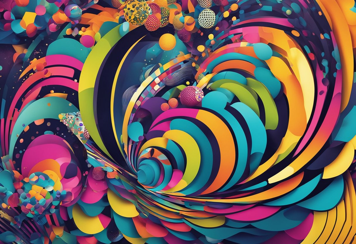 Vibrant colors and bold shapes blend in abstract and pop art styles on oversized canvases, showcasing the latest trends in art movements for 2024