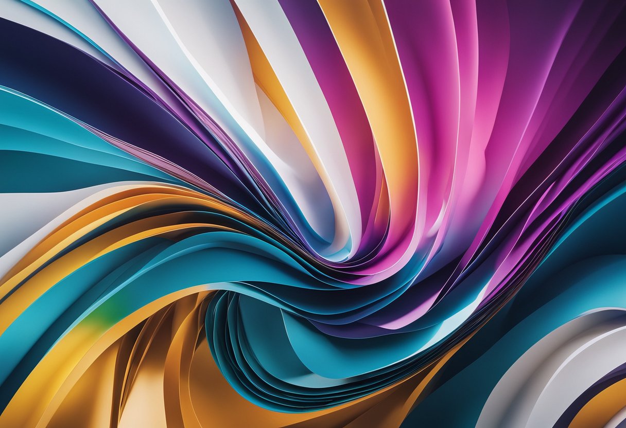 A large canvas print hangs on a white wall, commanding attention with bold colors and abstract shapes, evoking a sense of wonder and contemplation