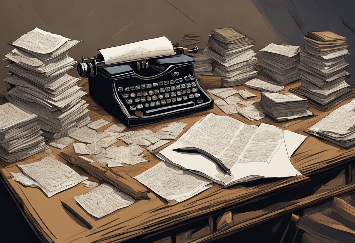 A desk cluttered with crumpled letters and a quill dipped in ink, surrounded by a sinister atmosphere