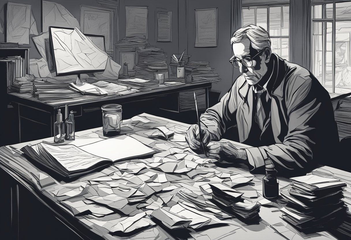 A desk cluttered with crumpled paper, ink bottles, and a quill. A shadowy figure looms in the background, casting an ominous presence over the scene