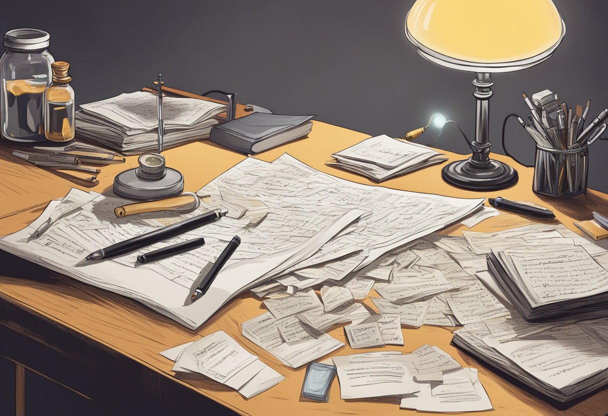 A desk cluttered with poison pen letters, magnifying glass, and handwriting samples. A forensic expert examines the letters under a bright light