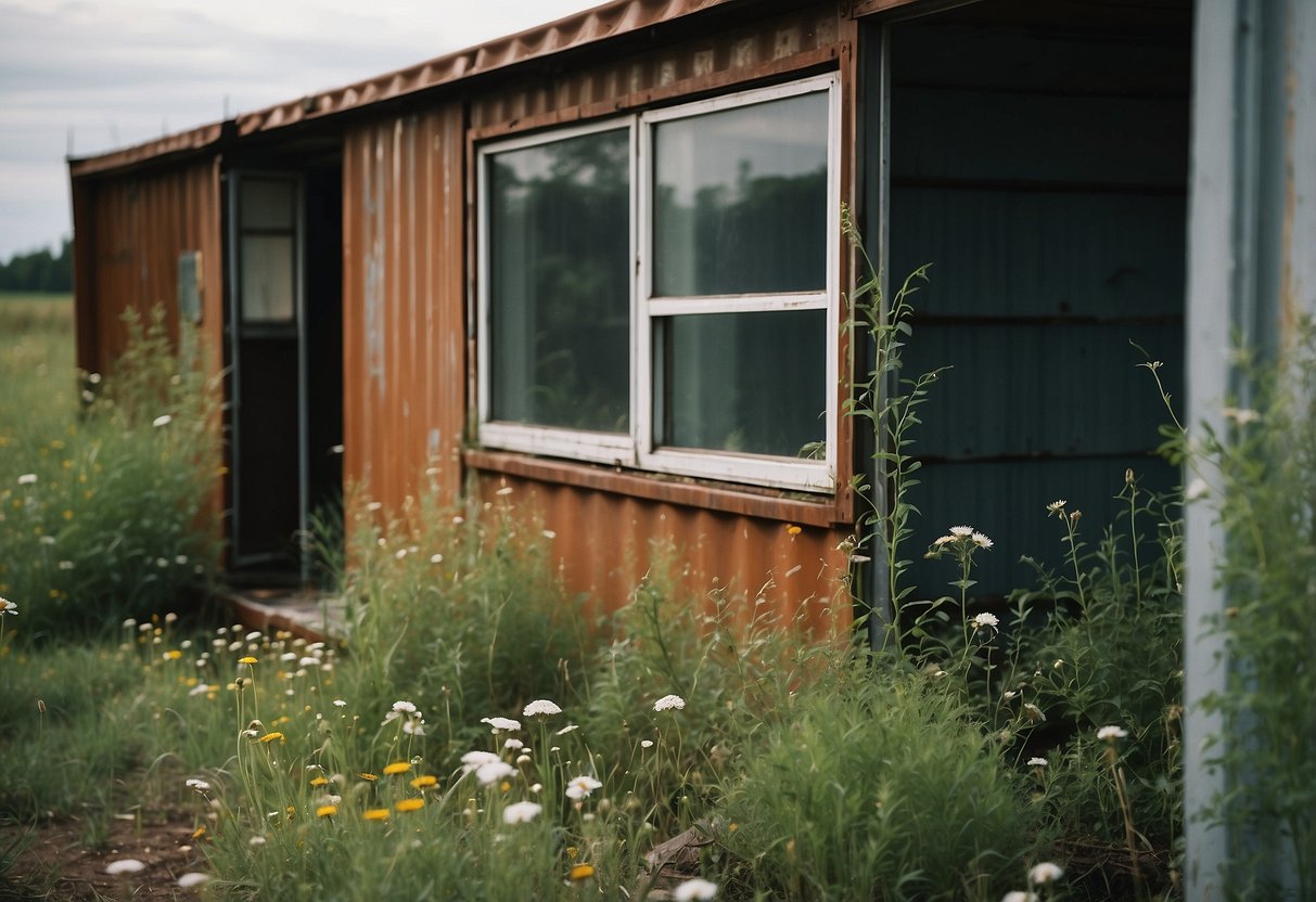 The neglected container home shows overgrown weeds, rusted metal, and peeling paint, with a clogged gutter and broken windows
