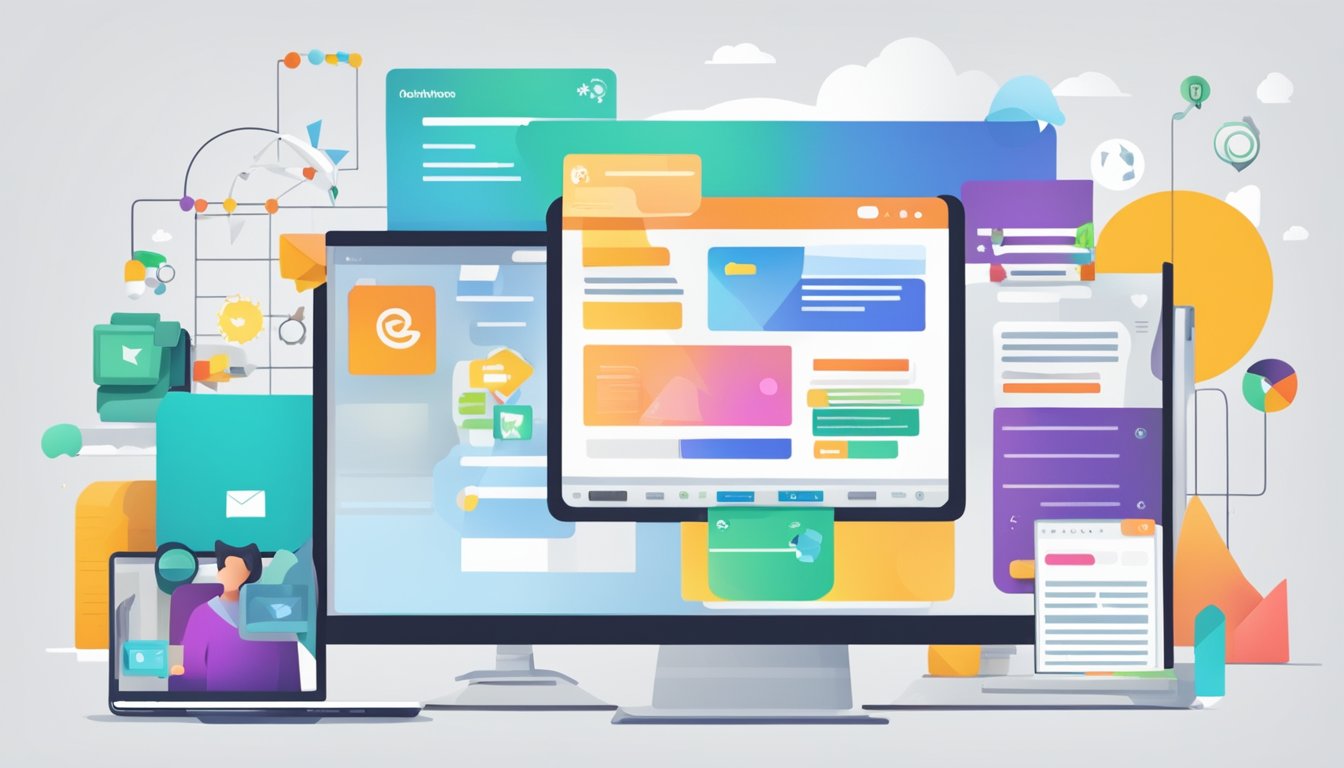 A computer screen showing a website with colorful graphics and engaging content, surrounded by digital marketing tools like social media icons and email newsletters