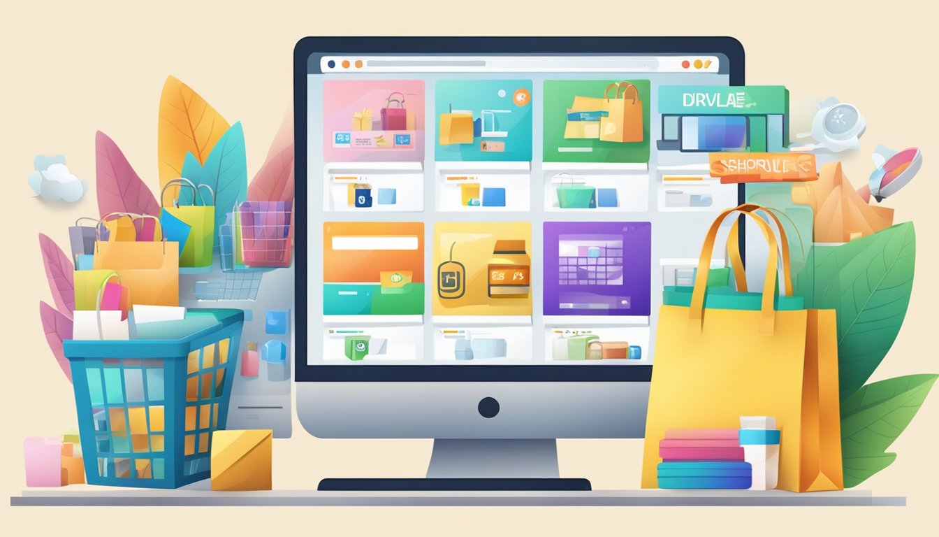 A computer screen displaying various online shopping websites with products and logos