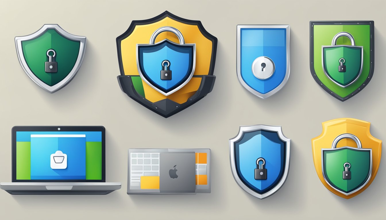 A padlock icon surrounded by a shield, with a web browser and a computer screen in the background