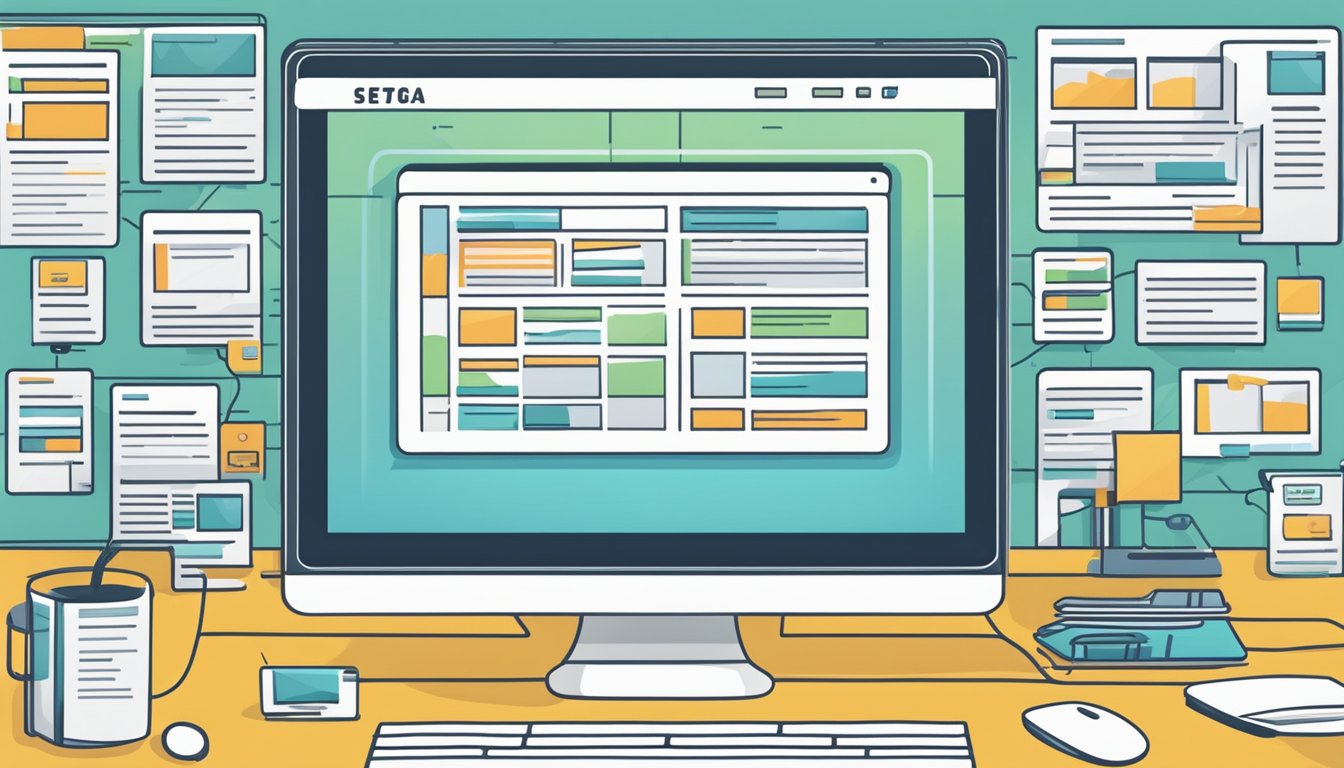 A computer screen displaying SEO webpages with keyword research, meta tags, and backlink strategies