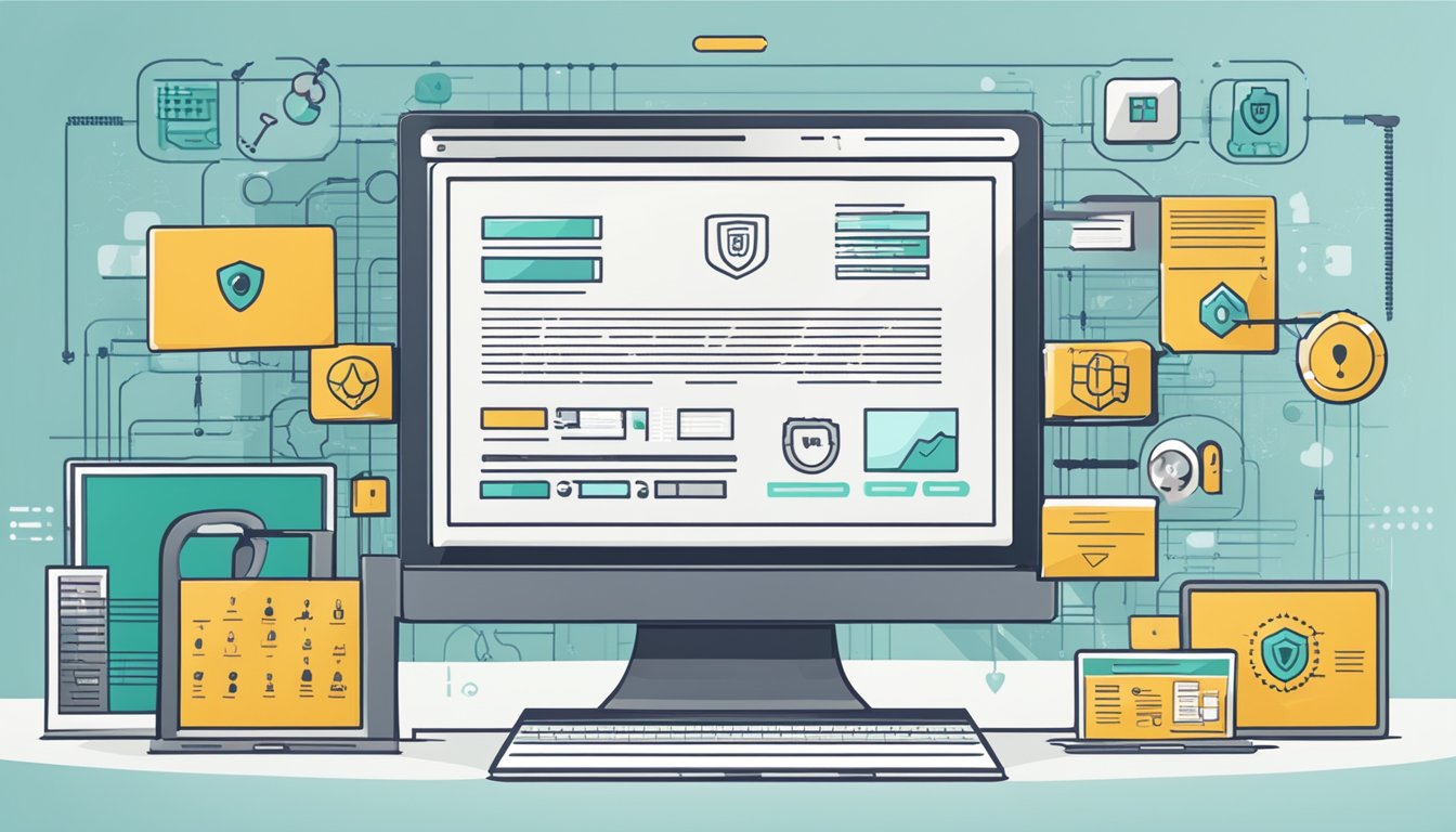 A computer screen displaying a secure website with technical implementation details, surrounded by security symbols and encryption codes
