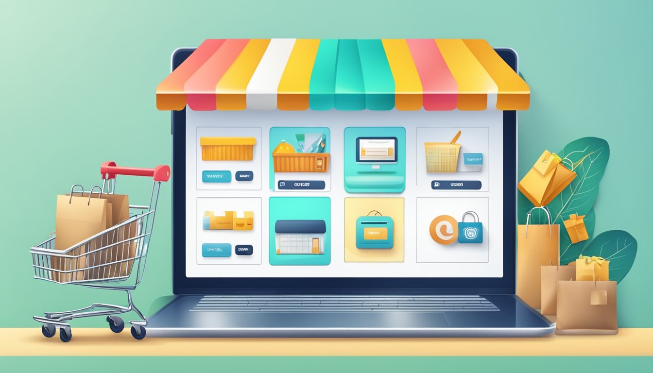 An online shopping website with various products displayed on a digital screen, a shopping cart icon, and a secure payment button